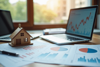 Espace de travail moderne avec graphiques financiers et documents immobiliers