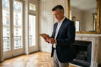 Expert immobilier en costume marine évaluant un appartement haussmannien de prestige avec parquet en point de Hongrie et moulures ornementales