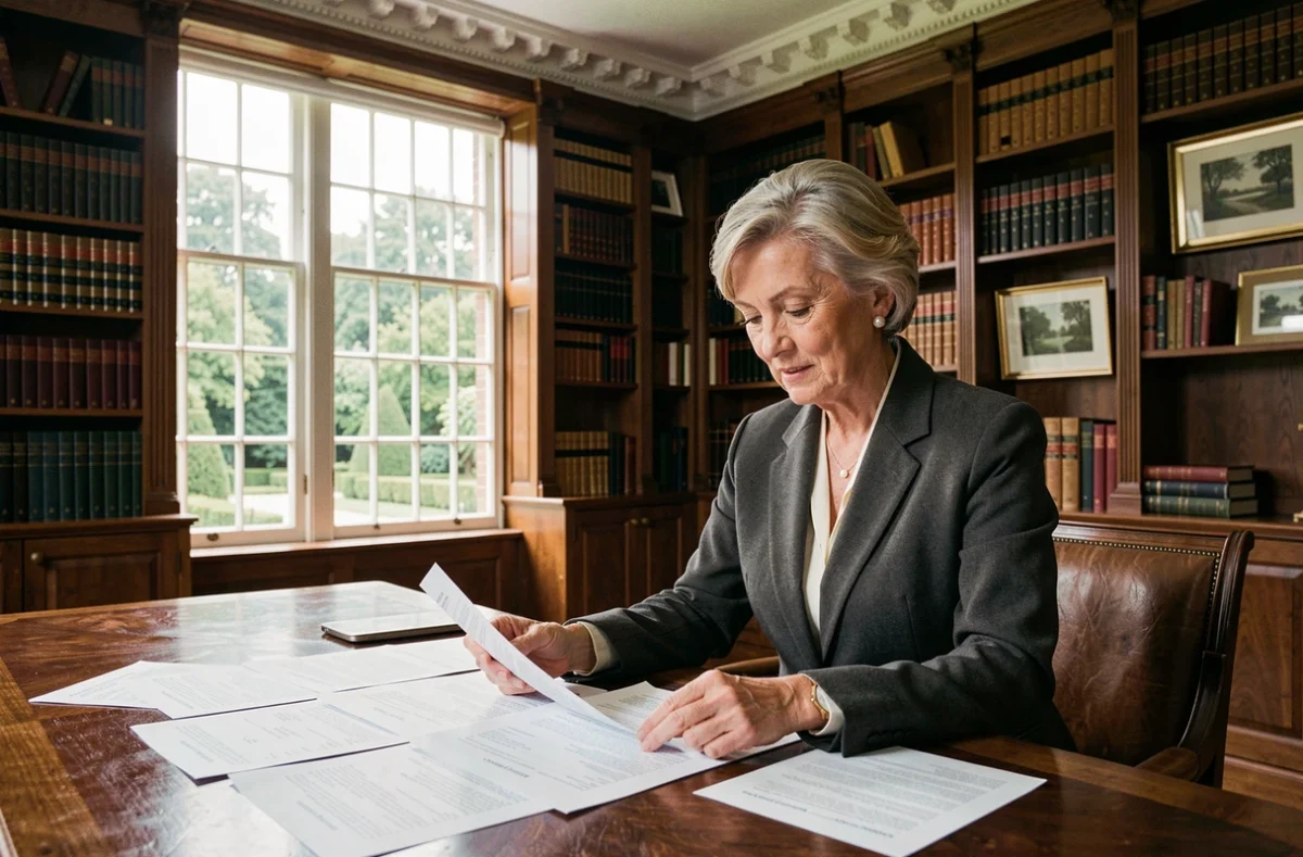 Femme élégante consultant des documents d'estimation immobilière dans la bibliothèque d'une maison de prestige avant succession