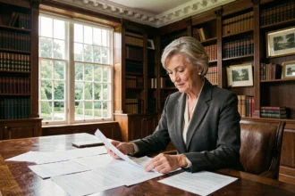 Femme élégante consultant des documents d'estimation immobilière dans la bibliothèque d'une maison de prestige avant succession
