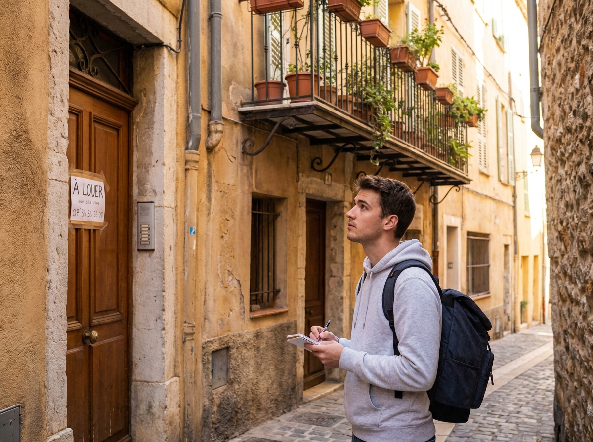 Jeune étudiant devant un immeuble avec panneau à louer dans une rue de Nice