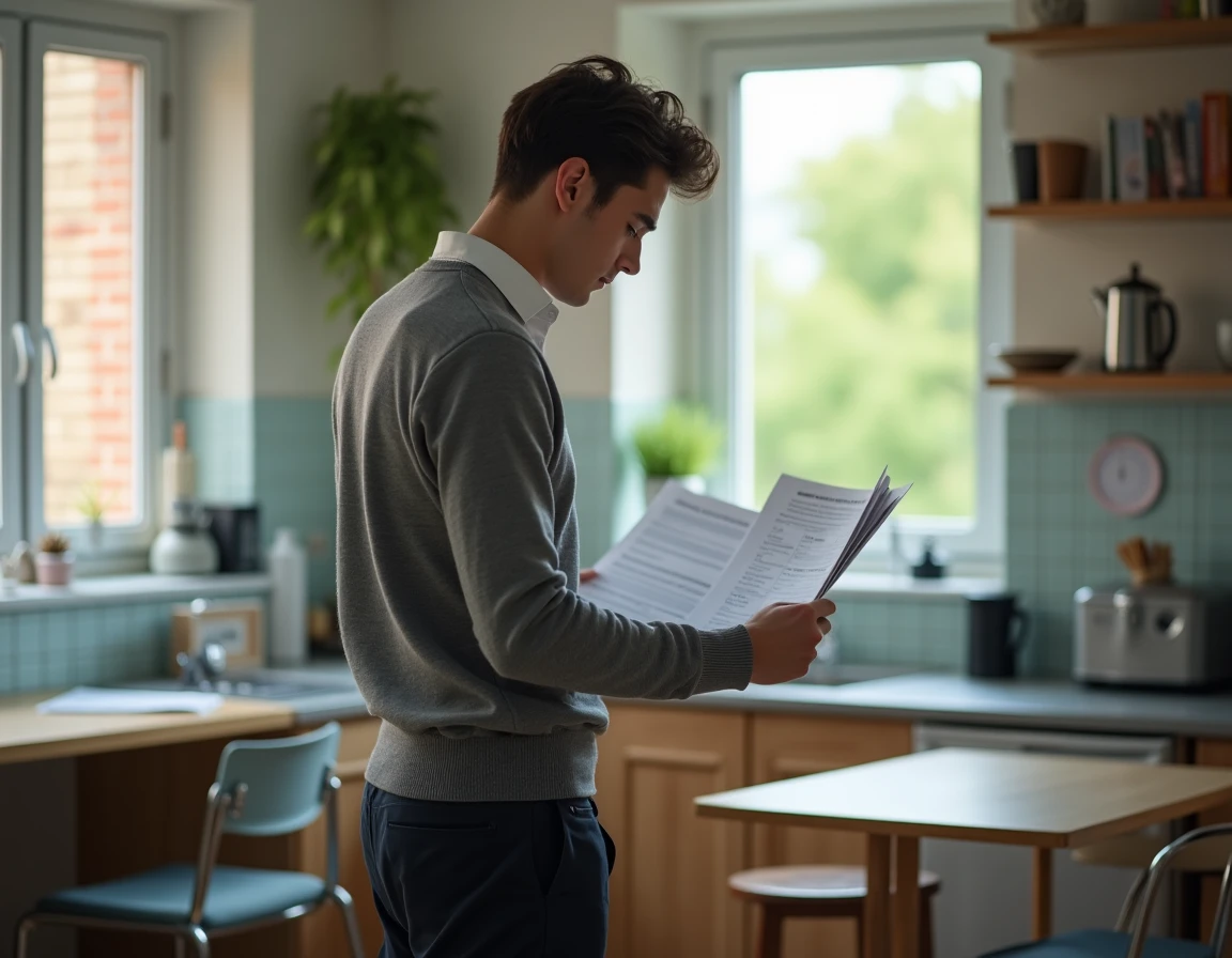 Étudiant consultant des documents pour une demande de location d'appartement dans une cuisine partagée