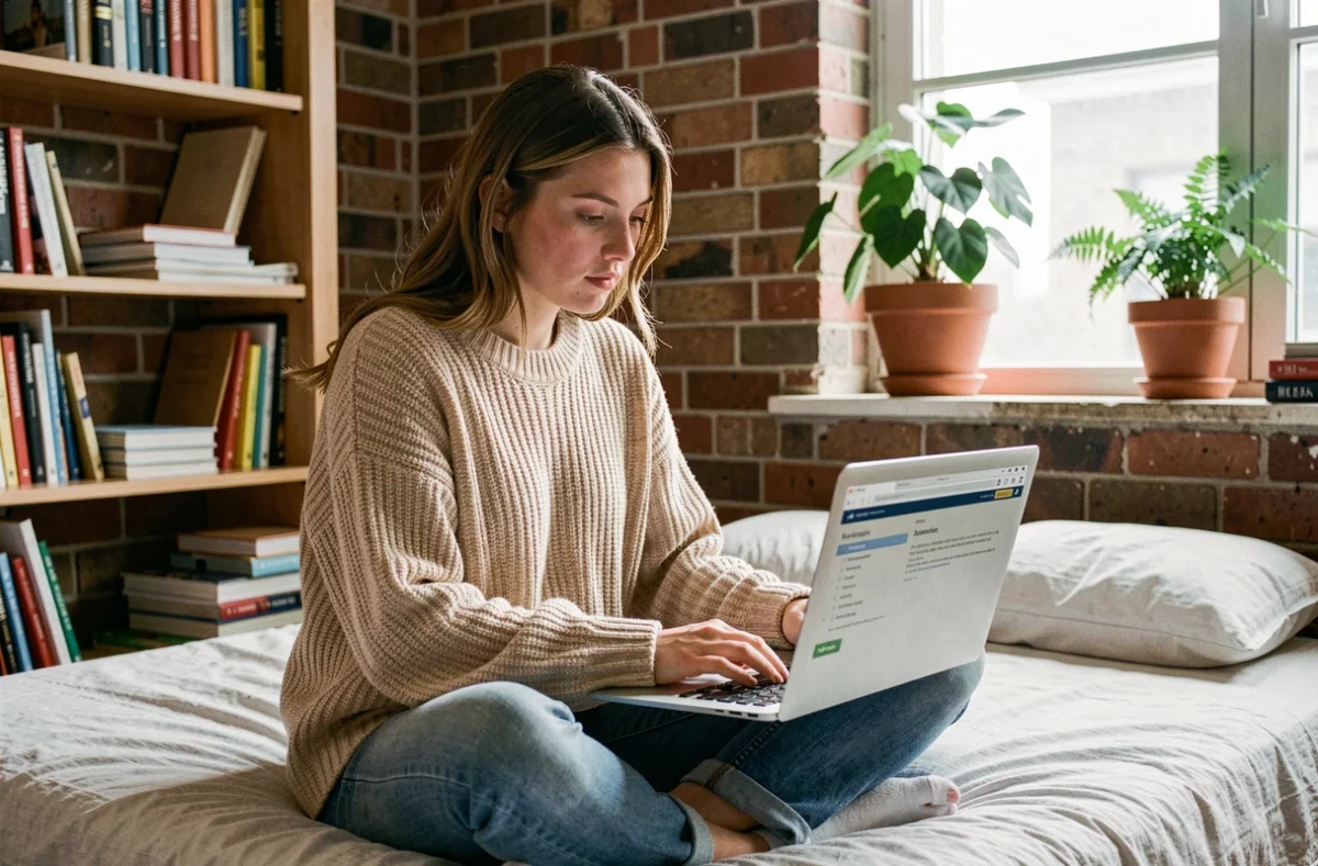 Étudiante comparant des assurances logement sur son ordinateur portable dans son appartement étudiant