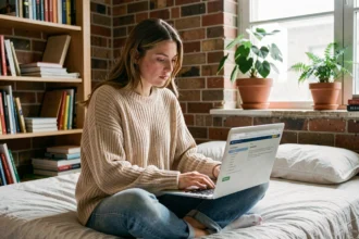 Étudiante comparant des assurances logement sur son ordinateur portable dans son appartement étudiant