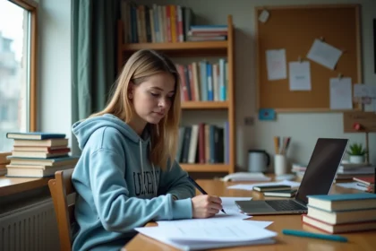 Étudiante rédigeant une lettre de motivation pour une location d'appartement dans sa chambre d'étudiant