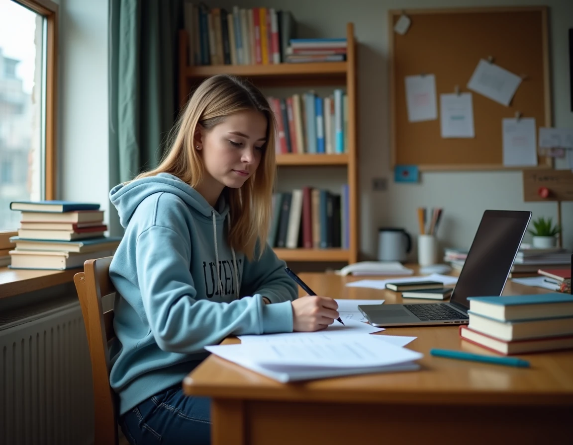 Étudiante rédigeant une lettre de motivation pour une location d'appartement dans sa chambre d'étudiant