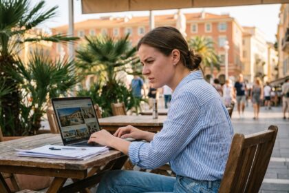Étudiante cherchant un logement sur son ordinateur portable en terrasse à Nice