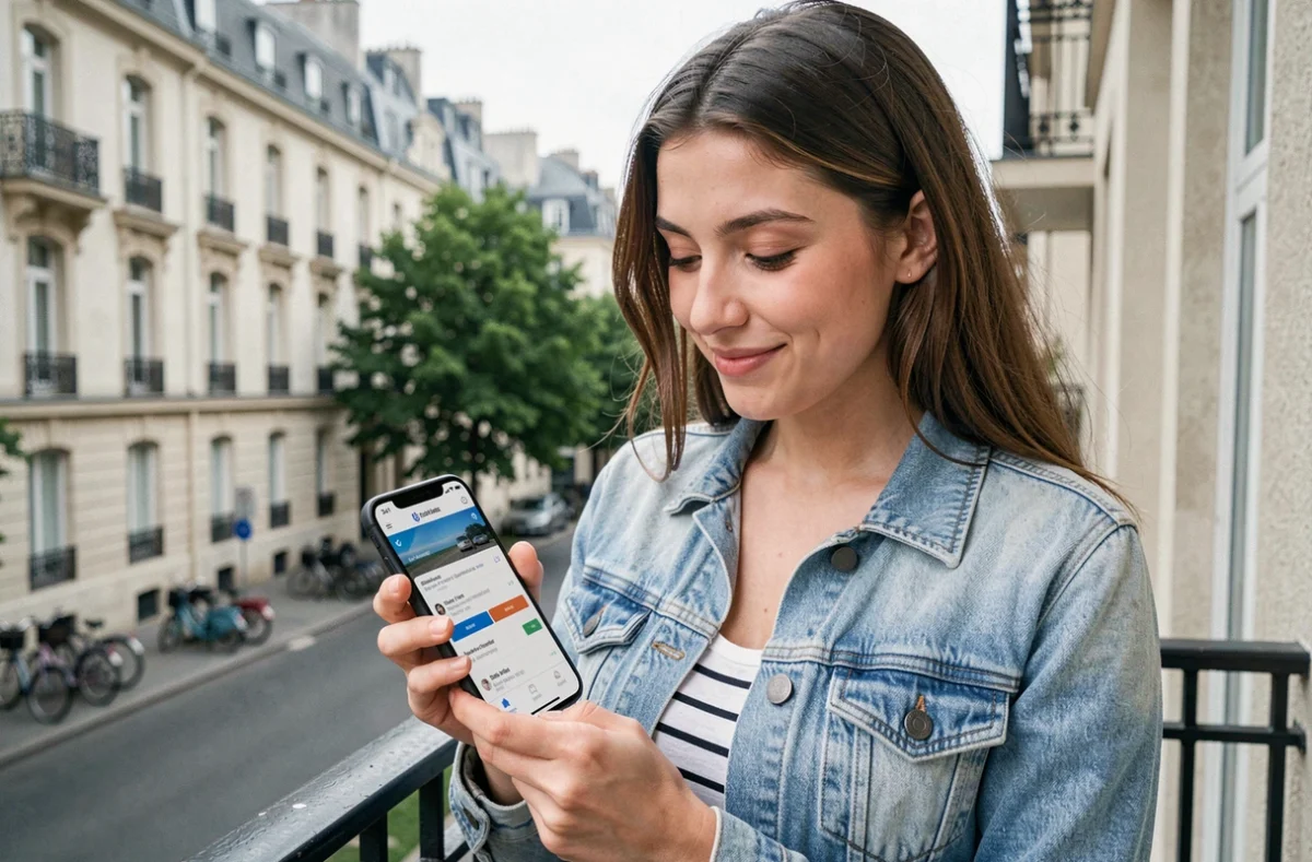 Étudiante consultant un comparateur d'assurance logement sur smartphone depuis son balcon en ville