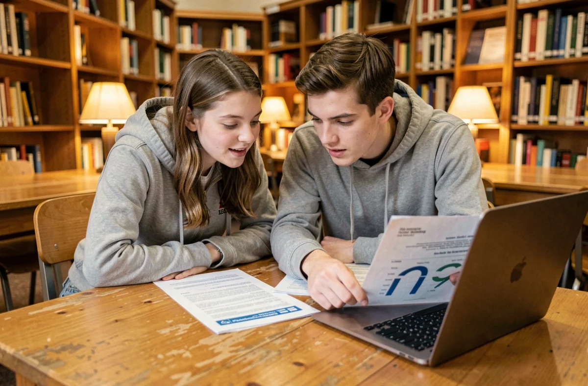 Deux étudiants comparant des offres d'assurance logement dans une bibliothèque universitaire