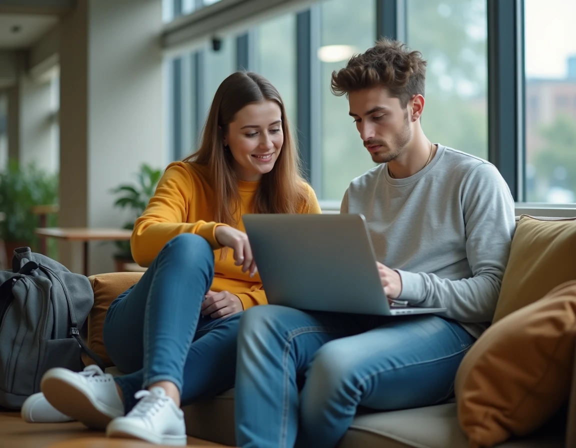 Deux étudiants collaborant sur une lettre de motivation pour louer un appartement dans un espace commun universitaire