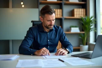 Expert-comptable analysant des documents d'inscription RCS pour un loueur meublé non professionnel à son bureau