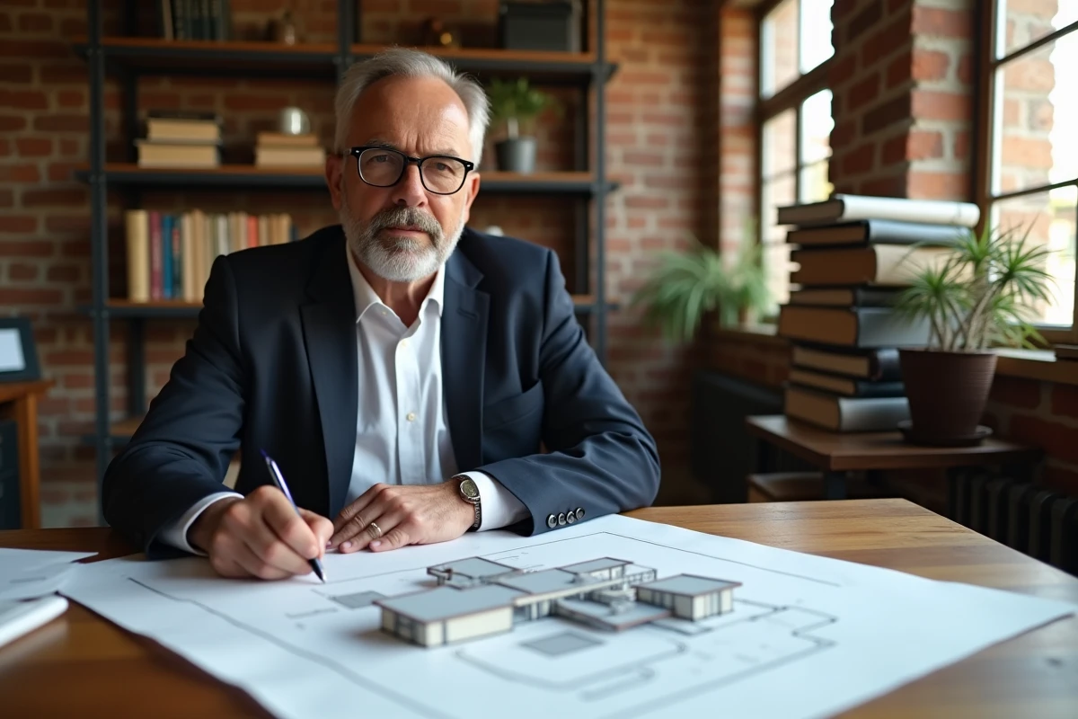 Expert juridique annotant des plans d'une toiture partagée pour formaliser un accord entre propriétaires