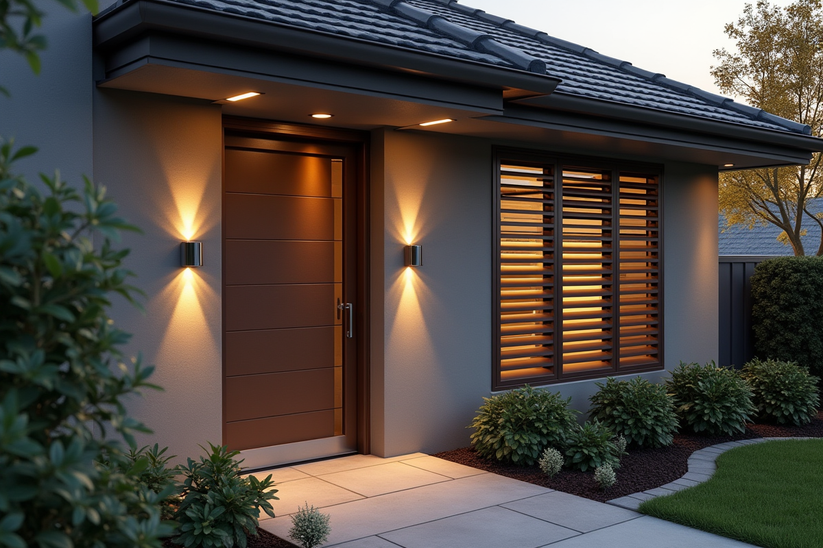 Façade extérieure avec porte contemporaine et volets automatiques