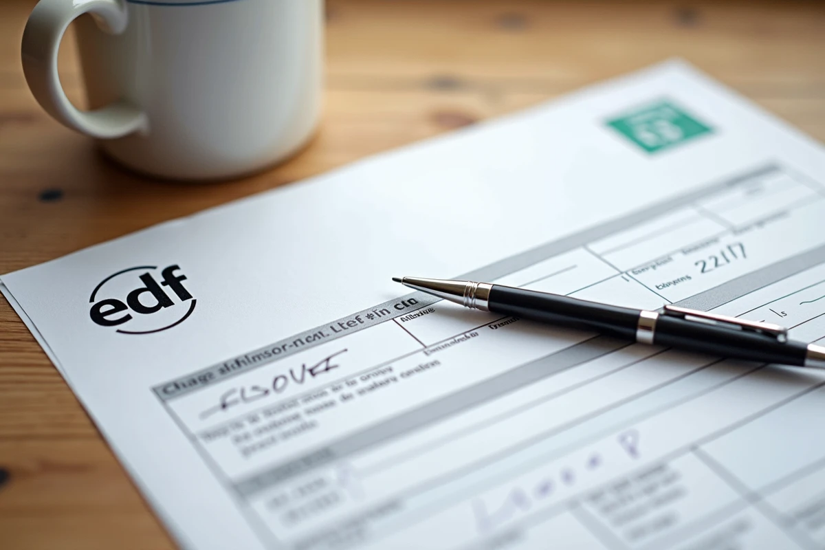Vue de dessus d'une facture EDF et formulaire de changement de titulaire posés sur un bureau en bois lors d'une séparation