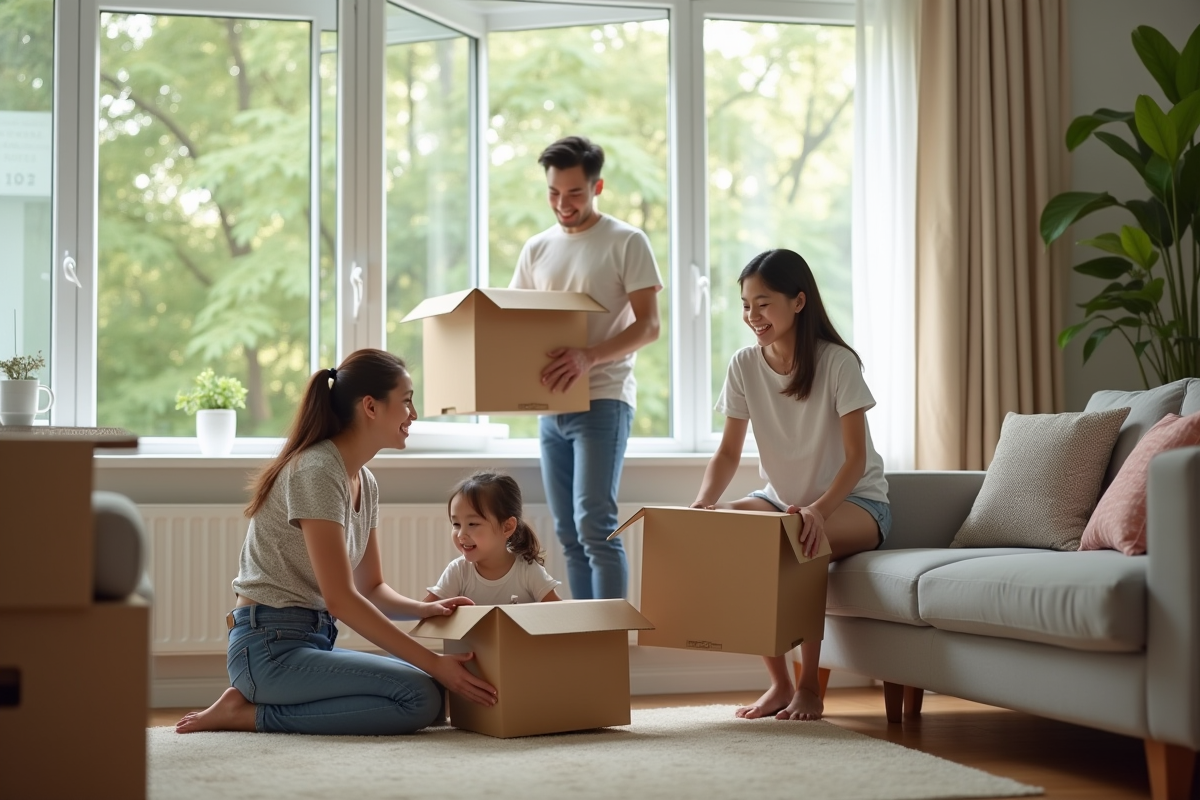 Famille arrangeant meubles dans leur nouvel appartement lumineux