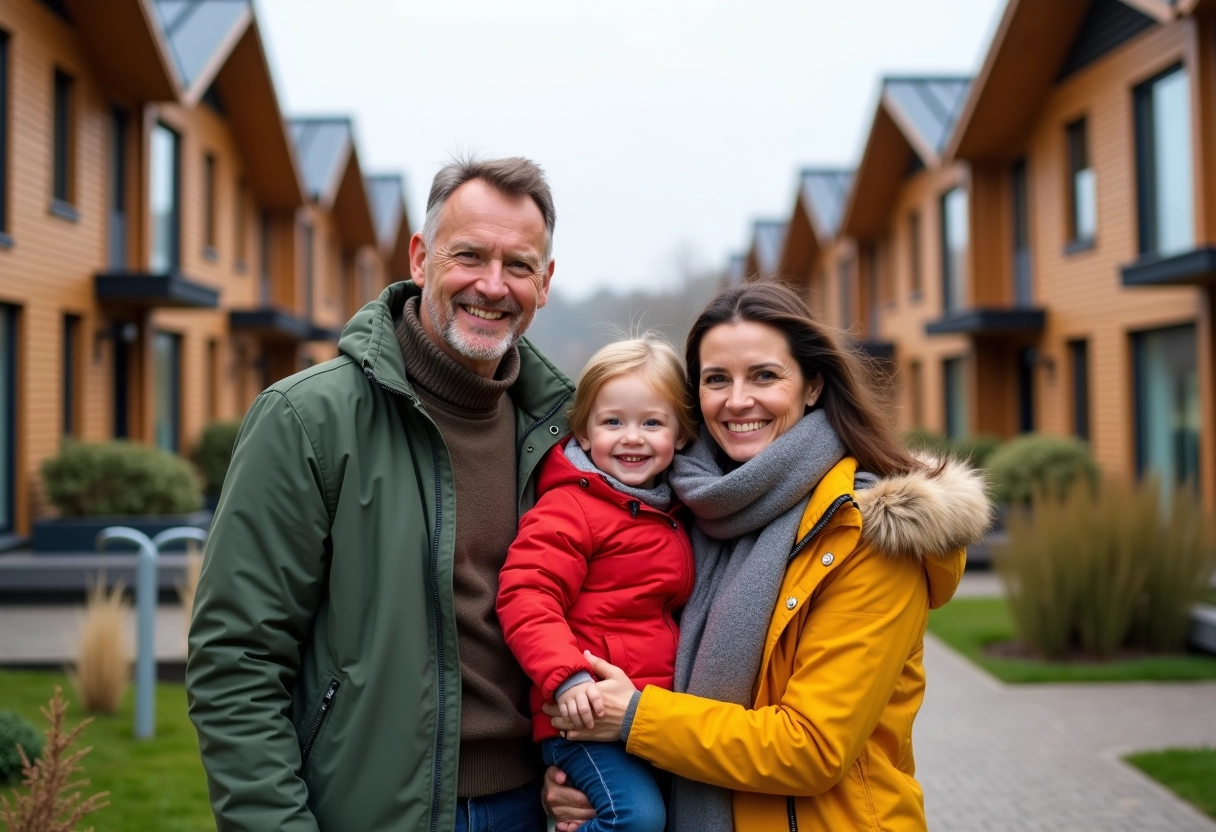 Famille multigeneration devant maisons eco-responsables