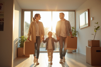 Famille heureuse emmenageant dans une maison lumineuse