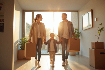 Famille heureuse emmenageant dans une maison lumineuse