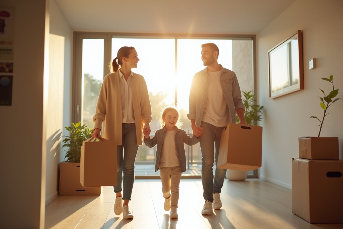 Famille heureuse emmenageant dans une maison lumineuse