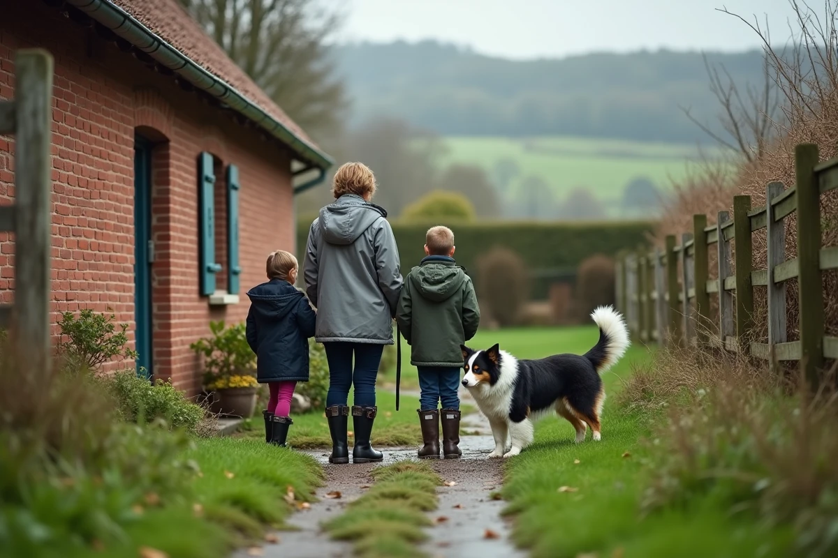 Famille avec chien observe le jardin d