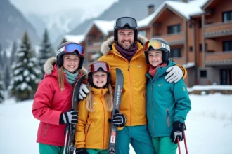Famille en tenue de ski devant une résidence alpine aux Menuires, montagne enneigée en arrière-plan