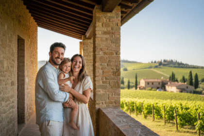 Famille souriante devant ferme en pierre avec vignobles
