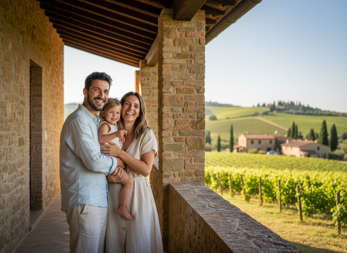 Famille souriante devant ferme en pierre avec vignobles