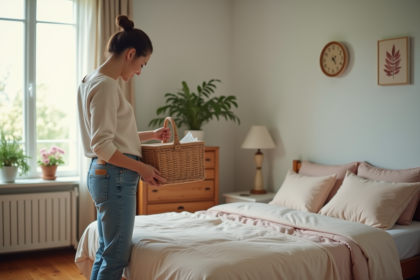 Femme souriante dans une chambre accueillante et décorée