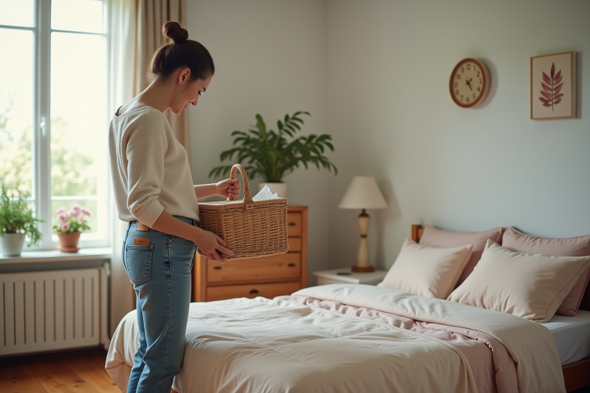 Femme souriante dans une chambre accueillante et décorée