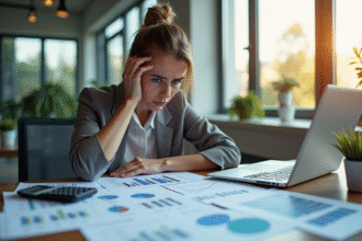 Femme d'affaires inquiète regardant des documents financiers