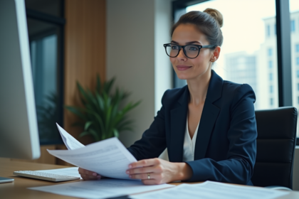 Femme d affaires en costume navy examine des documents financiers