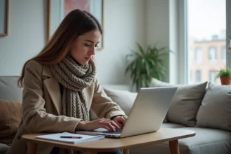 Jeune femme en hiver utilisant un ordinateur portable