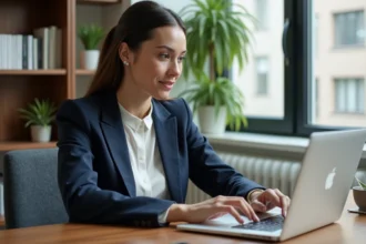 Femme professionnelle au bureau utilisant un ordinateur pour consulter des annonces immobilières