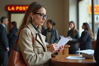 Femme consultant l'adresse de retour d'une enveloppe dans un bureau de poste parisien