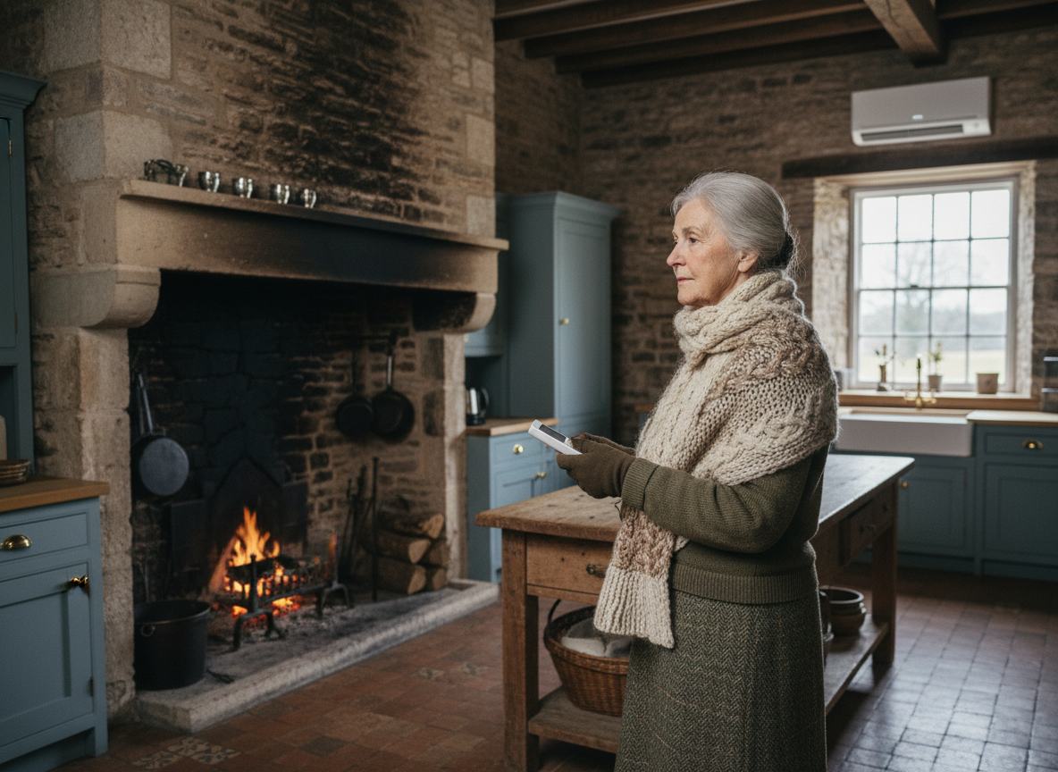 Femme âgée près de la cheminée dans une cuisine ancienne rénovée
