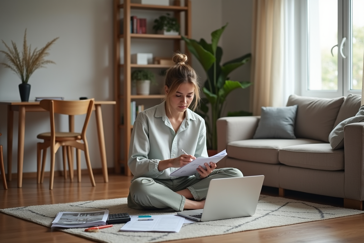 Femme assise sur un tapis avec un carnet et un ordinateur