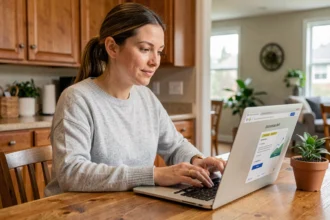 Femme consultant une offre d'assurance habitation pas chère sur un ordinateur portable dans sa cuisine