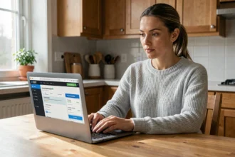 Femme comparant des offres d'assurance habitation pas chère sur un ordinateur portable dans une cuisine moderne