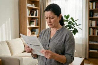 Femme consultant son contrat d'assurance habitation dans un salon moderne et lumineux