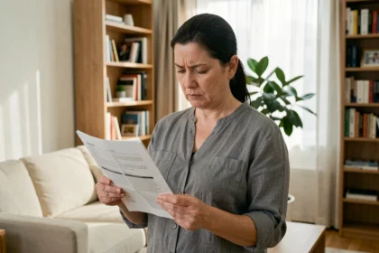 Femme consultant son contrat d'assurance habitation dans un salon moderne et lumineux