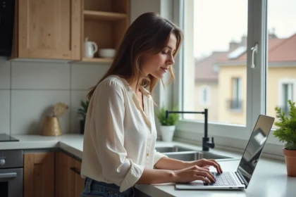 Femme dans une cuisine moderne regardant son ordinateur portable