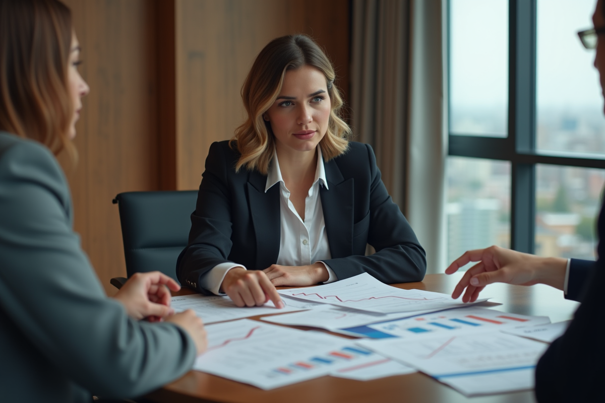 Femme professionnelle discutant de chiffres immobiliers avec un collègue