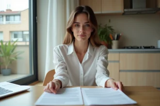 Femme concentrée tenant des documents dans une cuisine moderne