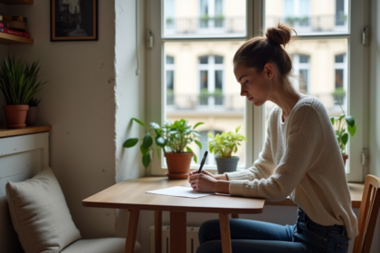 Jeune femme écrivant une lettre dans son appartement parisien