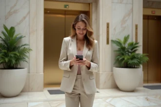 Femme élégante en blazer linen dans le lobby de Monte Carlo