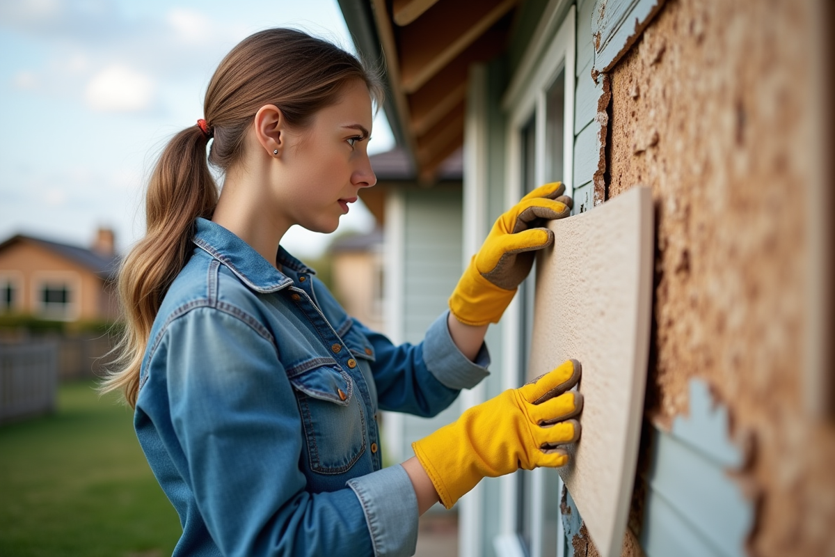 Jeune femme inspectant une isolation écologique sur une façade extérieure