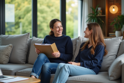 Femme souriante avec sa fille dans le salon familial