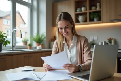 Femme d'une trentaine d'années examine des documents financiers dans une cuisine moderne