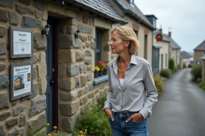Femme regardant une annonce immobiliere devant une maison bretonne