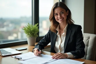Femme confiante en bureau immobilier avec documents